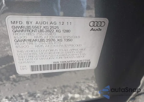 2012 Audi Q5 3.2 Premium z USA, uszkodzony, nr VIN WA1WKAFP9CA067798